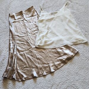 Socialite White Cami Top and H&M Shiny Silver Satin Maxi Skirt Sz XS/S Bundle